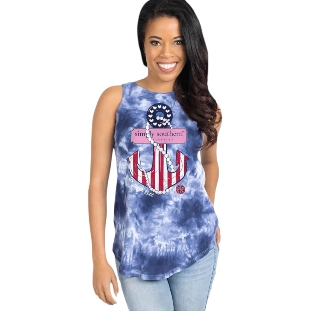 Simply Southern Born Free Blue red Tie-Dye Tank Top With Graphic Anchor Design